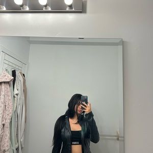 Prettylittlething long leather fitted jacket